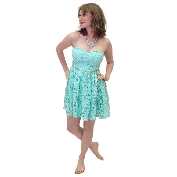 Strapless Turquoise Lace Cocktail Short Dress - Picture 2 of 5